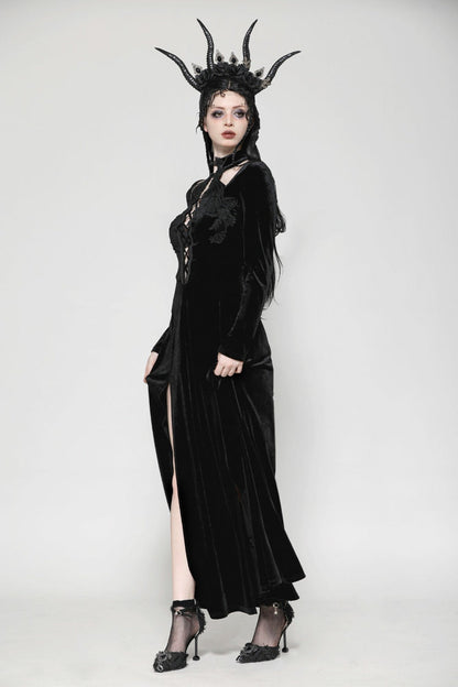 Black Long Sleeves Cut-Out Lace-Up Women's Gothic Side Slit Velvet Party Dress Wedding Dress