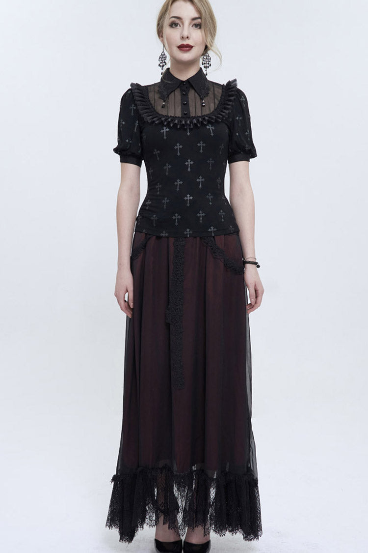 Black Chest Paneled Chiffon Lace Collar Lace Strap Pendant Cross Print Women's Punk Shirt