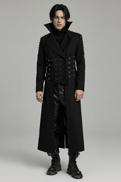 Black Lapel Collar Slim Studded Men's Punk Coat