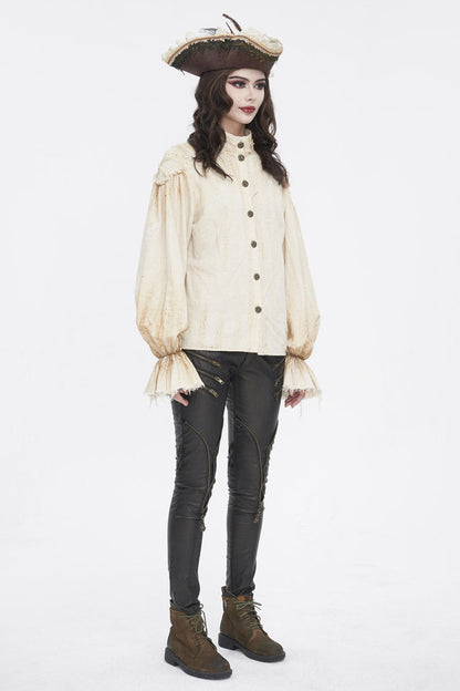Beige Stand Collar Lantern Sleeves Print Lace Women's Punk Blouse
