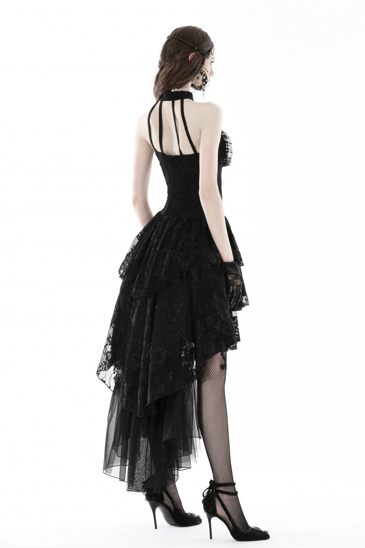 Black Off Shoulder Halterneck Sleeveless Irregular High Low Multi-Layered Lace Women's Gothic Dress