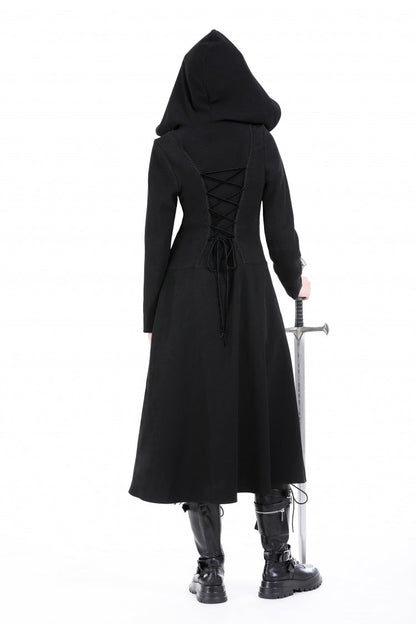 Black Long Sleeves Ruffled Lace-Up Women's Punk Long Jacket with Hood