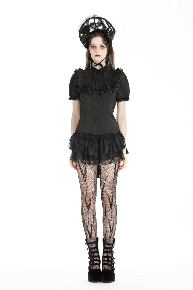 Black Multi-Layered Lace Women's Gothic Puffy Skirt with Detachable Swallow Tail