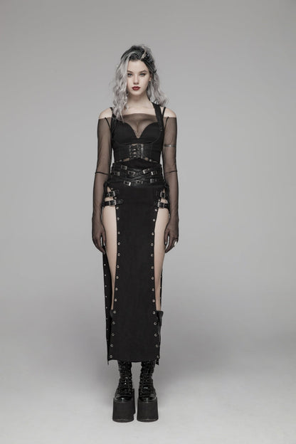 Black Metal Buckle PU Leather Buckle Lace-Up Sheer Women's Steampunk Long Skirt