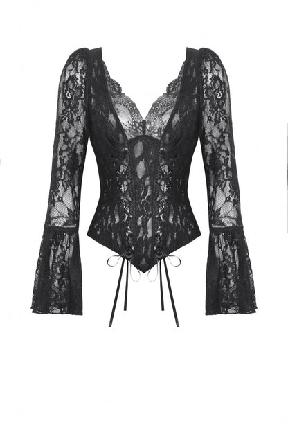 Black Deep V Collar Long Trumpet Sleeves Lace Lace-Up Women's Gothic Corset Top