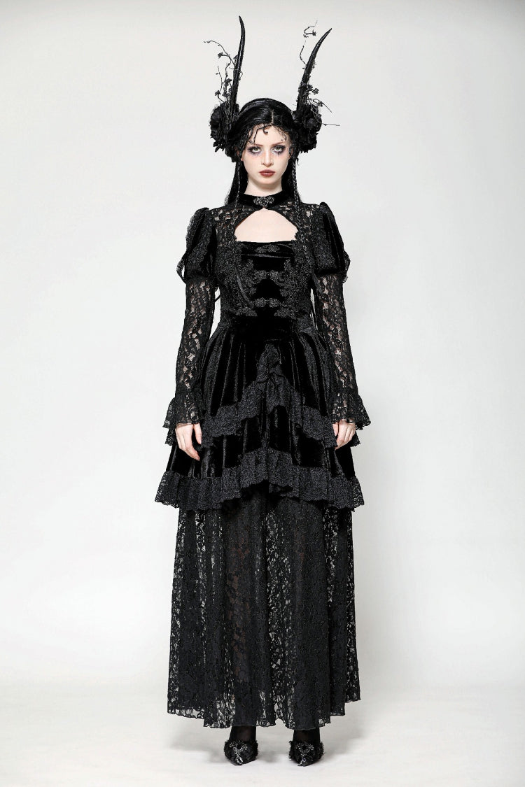 Black Long Puff Sleeves Cut-Out Lace Spliced Velvet Lace-Up Women's Gothic Princess Evening Dress