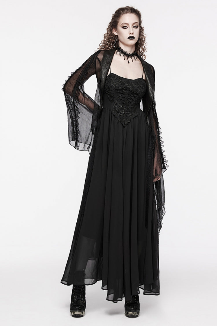 Black Floral Embroidery Lace-Up Women's Gothic Slip Dress
