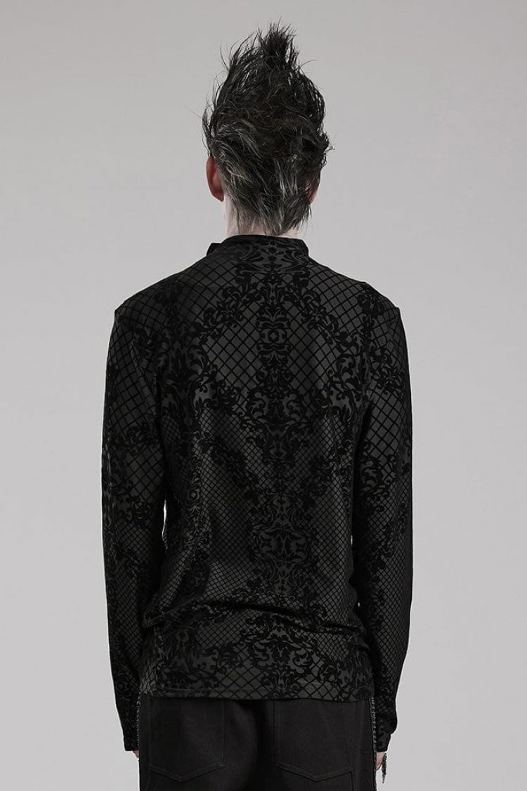 Black High Collar Long Sleeves Flocking Print Mens Gothic T-Shirt