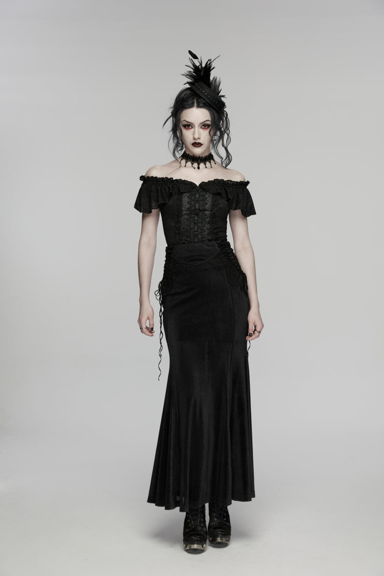 Black Embroidered Lace-Up Slim Women's Gothic Elegant Long Skirt
