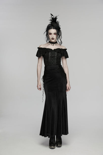 Black Embroidered Lace-Up Slim Women's Gothic Elegant Long Skirt