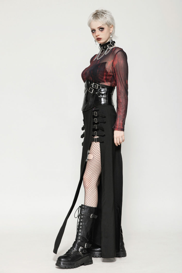 Black Lace-Up Buckled Women's Punk Patent Leather Underbust Corset