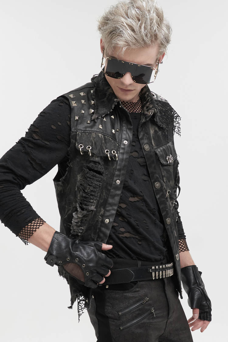Black Loose Non-Stretch Tie-Dye Decadent Snatched Skull Sheep Head Decoration Men's Punk Vest