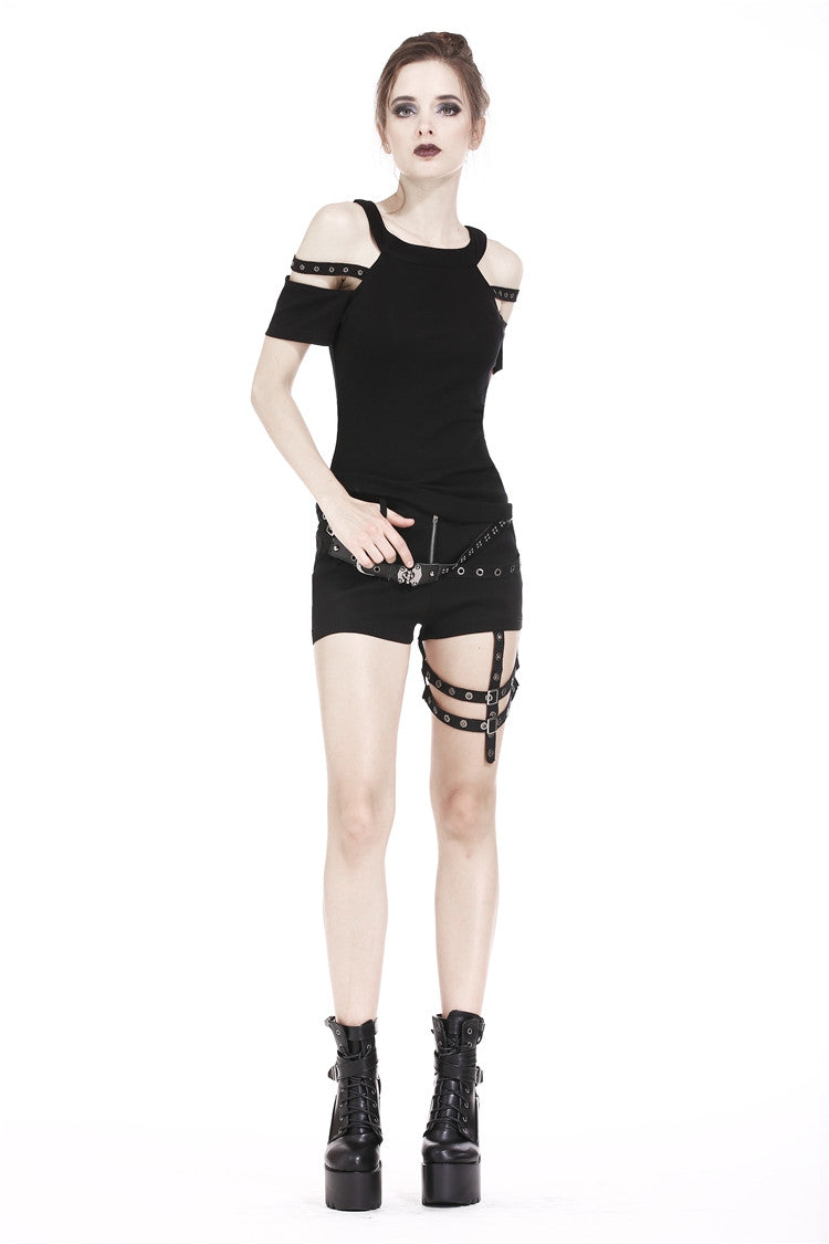 Black Off Shoulder Straps Short Sleeves Cut-Out Women's T-Shirt