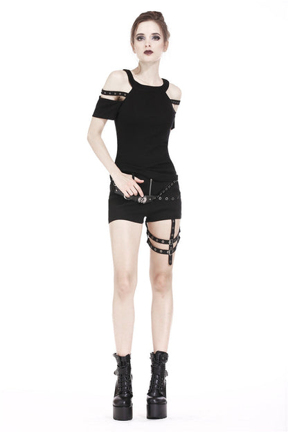 Black Off Shoulder Straps Short Sleeves Cut-Out Women's T-Shirt