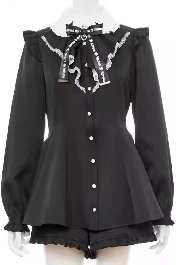 Black Long Sleeves Kuromi Embroidery Bowknot Jirai Kei Japanese Dress Shorts Set