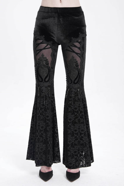 Black Hollow Floral Embroidery Women's Gothic Flared Pants