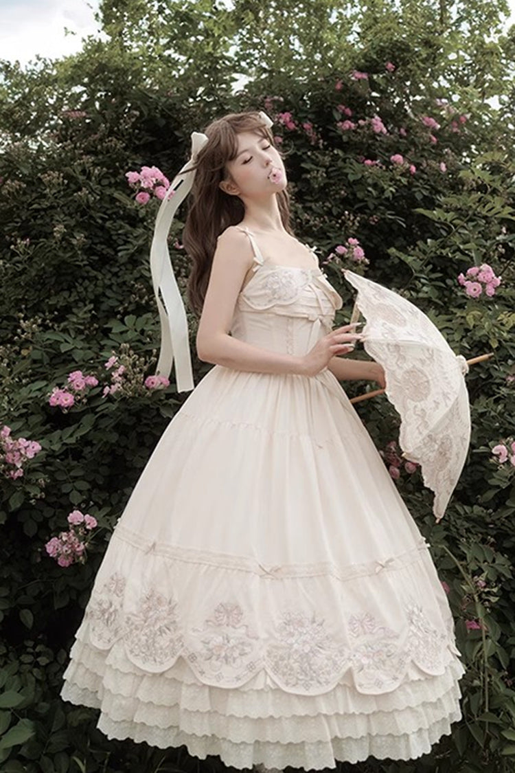 Apricot [Fantasy Butterfly] Triple-Layered Ruffle Embroidery Bowknot Lace Sweet Princess Lolita Jsk Dress