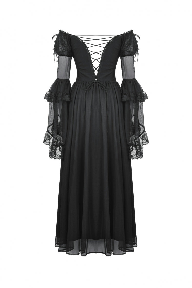 Black Off Shoulder Boat Neck Multi-Layered Long Trumpet Sleeves Lace Spliced Tulle Lace-Up Women's Gothic Fantasy Dress