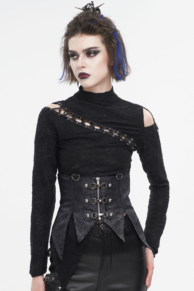 Black Irregular Lace Up Women's Gothic Vest With Detachable Collar