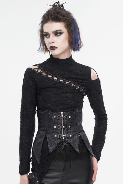 Black Irregular Lace Up Women's Gothic Vest With Detachable Collar
