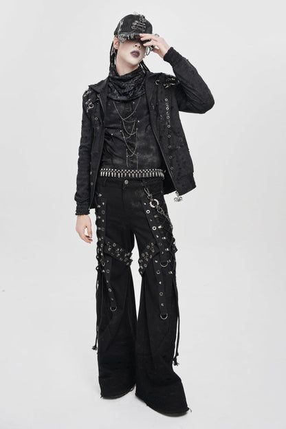 Black Long Sleeves Hexagram Print Hooded Ripped Pleated Men's Punk Coat