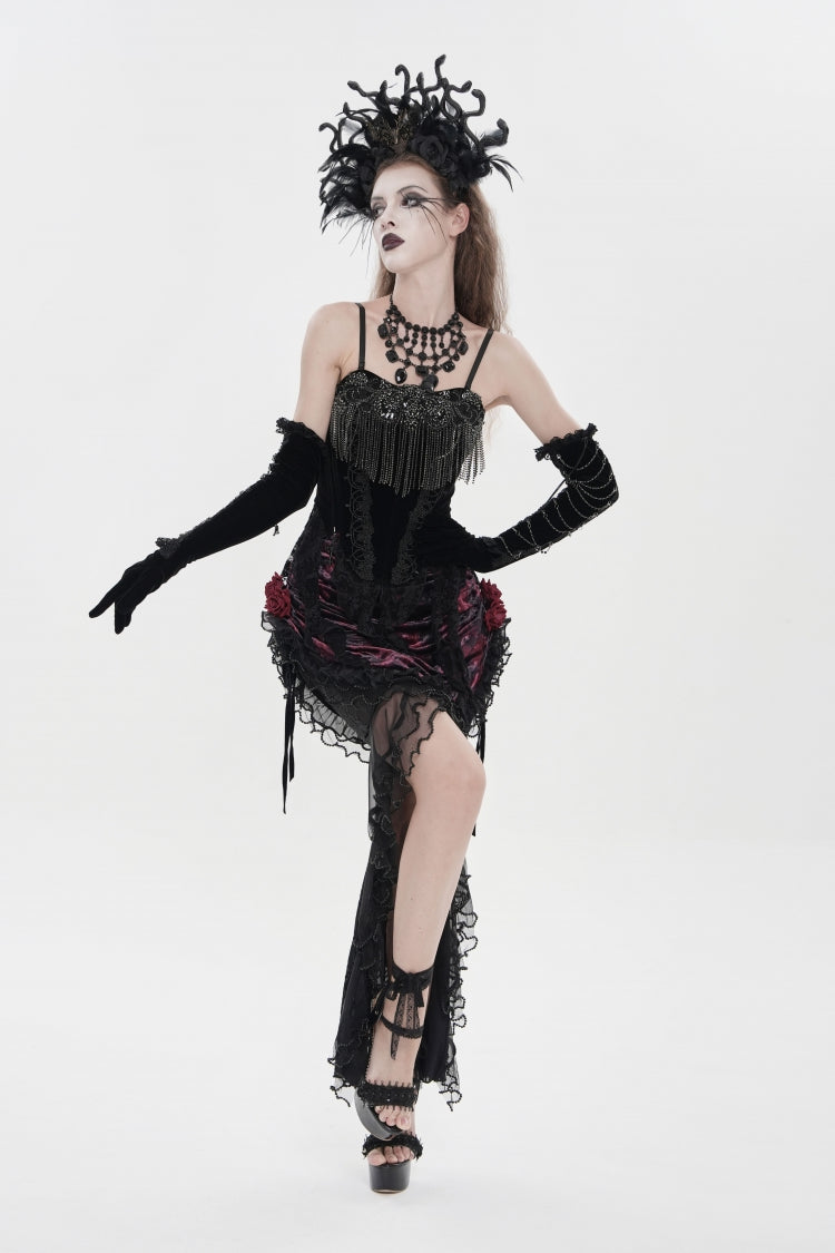 Black Lace-Up Women's Gothic Embroidered Tassels  Overbust Corset