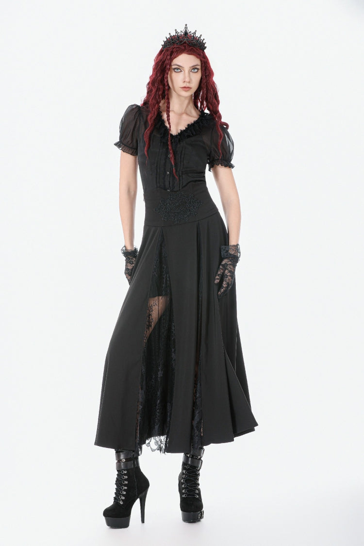 Black High Waisted Floral Printed Lace Mesh Women's Gothic Elegant Long Skirt