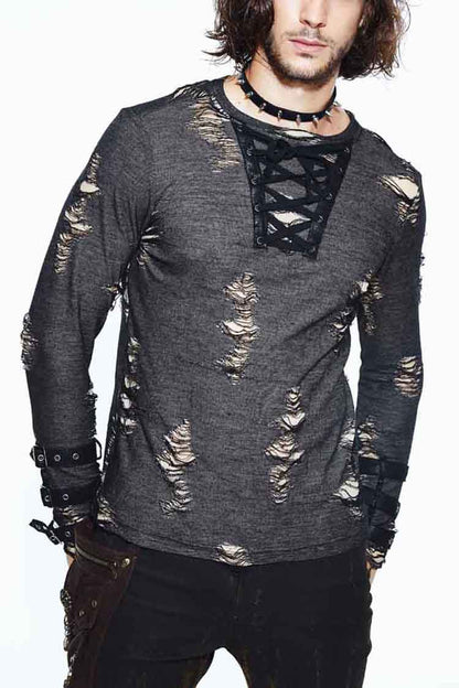 Black Long Sleeves Broken Holes Chest Lace Up Loop Cuff Men's Punk Shirt
