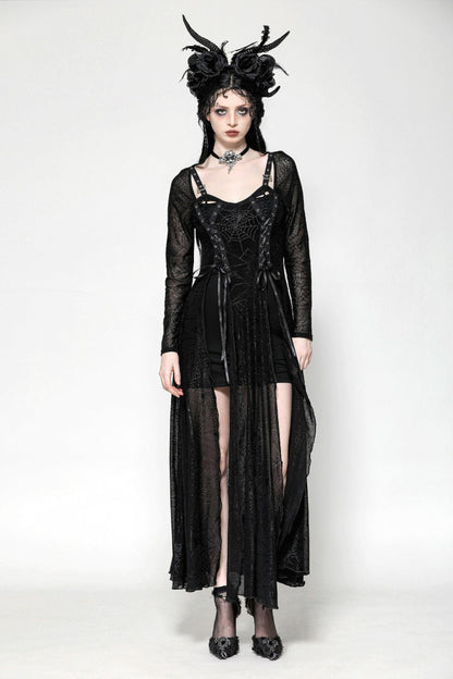 Black Long Sleeves Lace-Up Spiderweb Women's Gothic Elegant Witch Long Dress