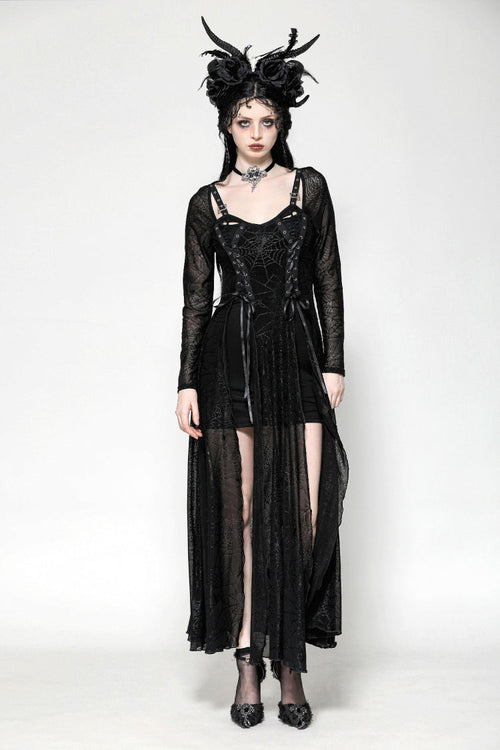 Black Long Sleeves Lace-Up Spiderweb Women's Gothic Elegant Witch Long Dress