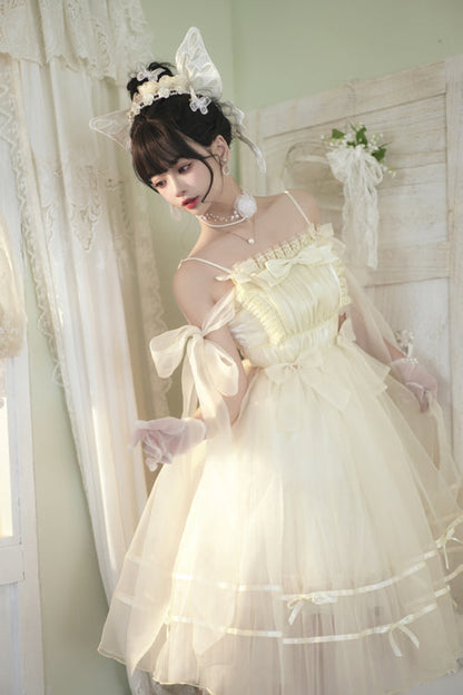Beige Small Ballet High Waisted Bowknot Chiffon Short Version Sweet Lolita JSK Dress