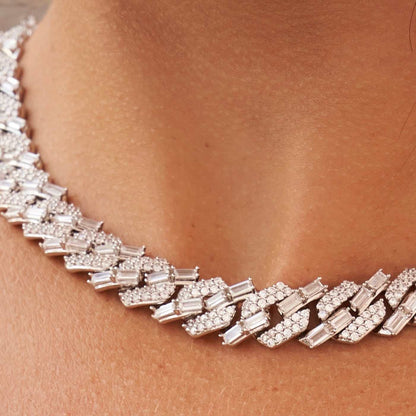 12mm Mixed Stone Diamond Cuban Necklace- White Gold
