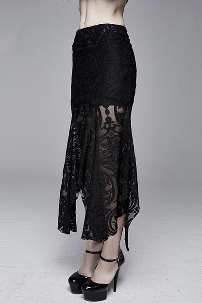 Black Irregular Hem Court Flocking Printed Mesh Sexy Package Hip Fishtail Gothic Skirt