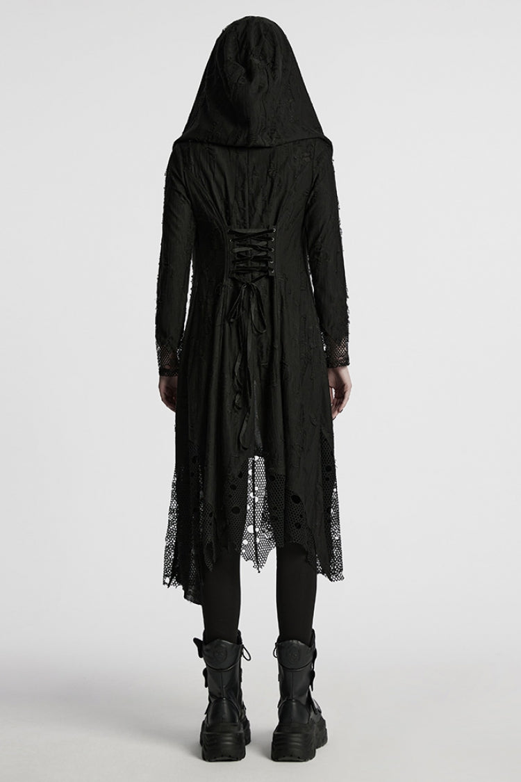 Black Long Sleeves Stitching Hooded Mesh Ripped Women's Gothic Coat