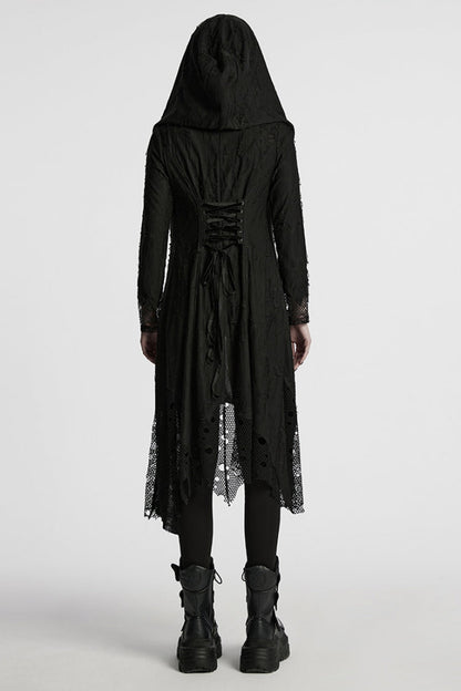 Black Long Sleeves Stitching Hooded Mesh Ripped Women's Gothic Coat