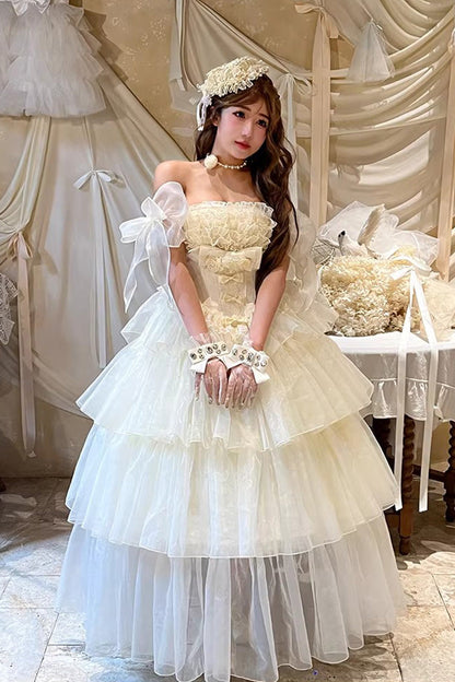 Beige [Mousse Serenade] Triple-Layered Ruffled Hanayome Bow Lace Sweet Princess Lolita Strapless Dress