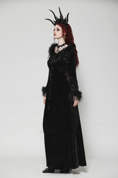 Black Long Sleeves Velvet Lace Women's Gothic Maxi Dress Wedding Dress
