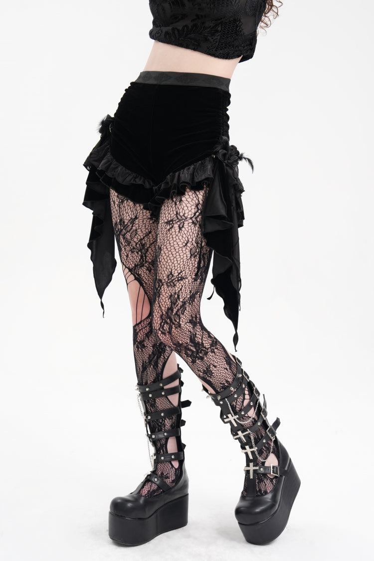 Black Plumed Ruffle Mesh Women's Gothic Shorts