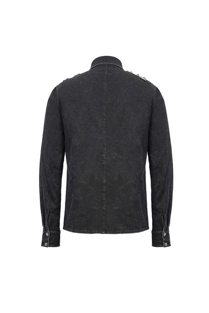 Black Asymmetric Left Shoulder Loop Mesh Rivet Snap Button Men's Punk Shirt