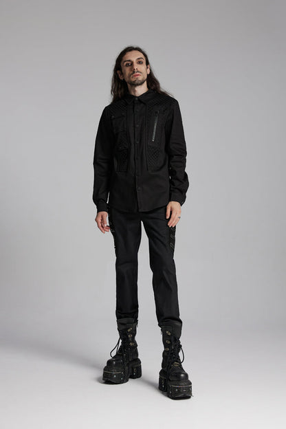 Black Lapel Collar Long Sleeves Zip Mesh Pocket Men's Punk Blouse