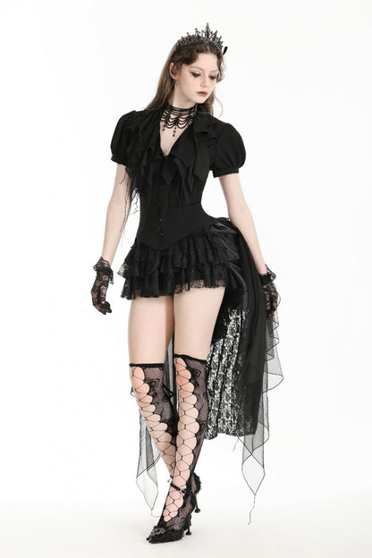 Black Multi-Layered Deep V Collar Pleated Short Puff Sleeves Lace-Up Gothic Blouse