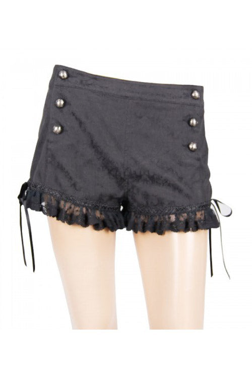 Black Front Double Breasted Buttons Waist Lace Up Frill Lace Hem Gothic Jacquard Short Womens Pants
