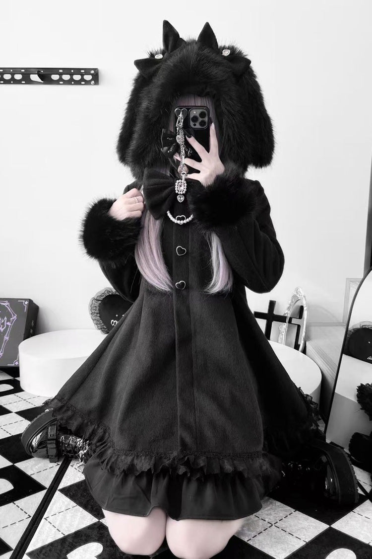 Black Long Sleeves Bowknot Rabbit Ears Detachable Hooded Japanese Jirai Kei Coat