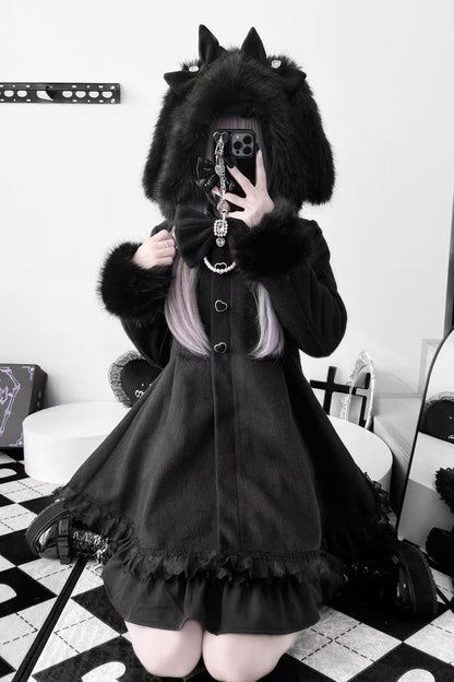 Black Long Sleeves Bowknot Rabbit Ears Detachable Hooded Japanese Jirai Kei Coat
