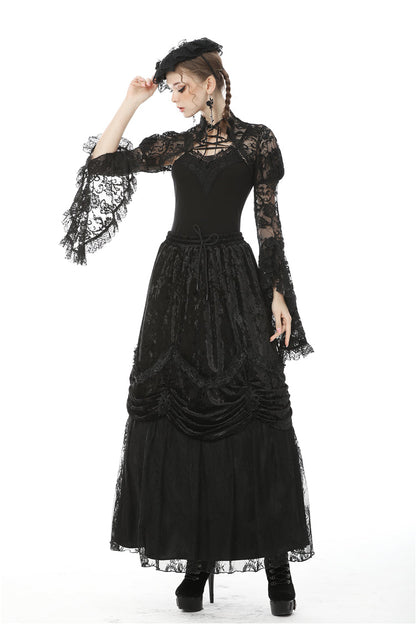 Black Long Puff Sleeves Sheer Floral Lace Lace-Up Women's Gothic Cape