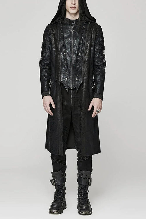 Black Crackled Mesh Hollow Stitching Hooded Mens Steampunk Coat