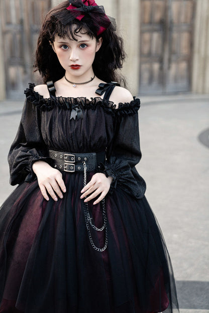 Black Boat Neck Metal Chain Organza Stitching Gothic Lolita OP Dress (Short Version)