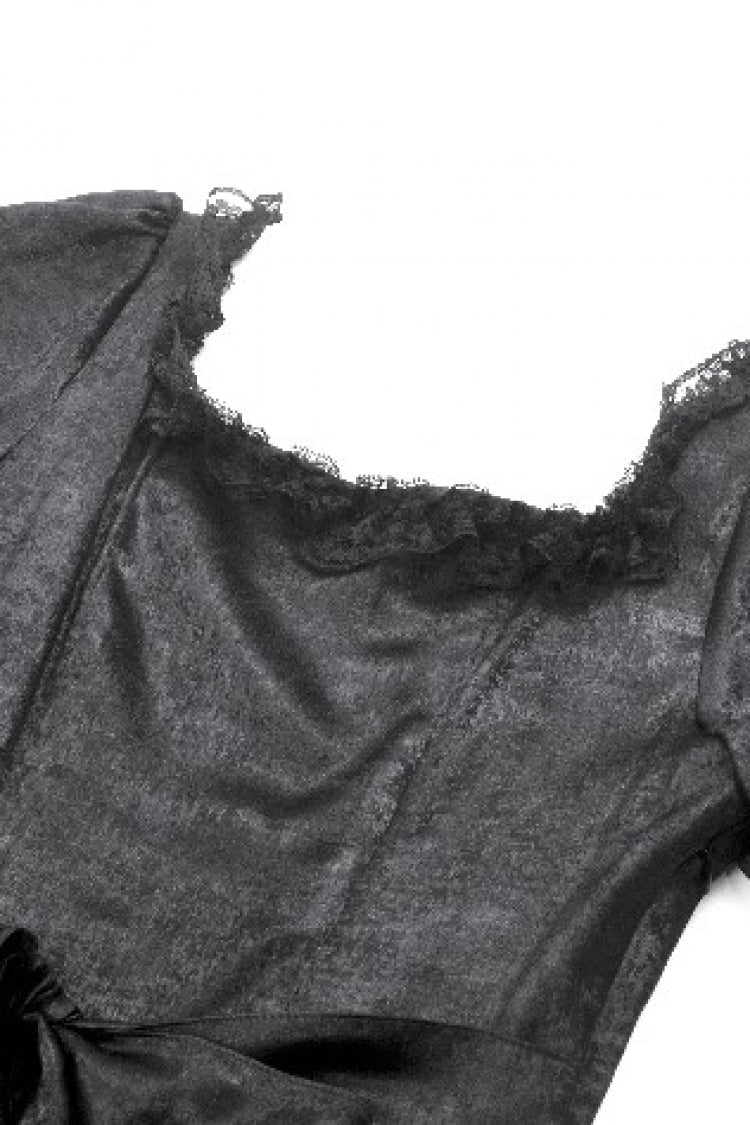 Black Lace Square Collar Short Puff Sleeves Lace-Up Ruched Women's Gothic Wedding Dress