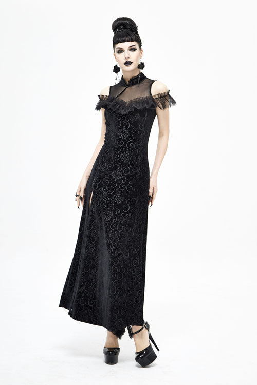 Black Cheongsam Velvet Three Dimensional Print Gothic Dress