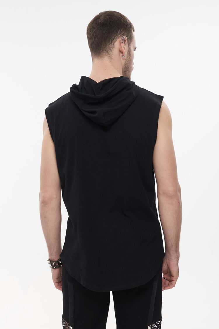 Black Knit Irregular Simple Versatile Sleeveless Hooded Men's Punk Tank Top
